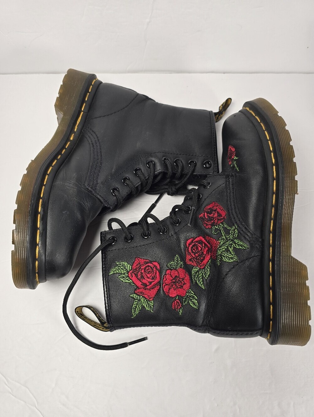 Dr. Martens 1450 Vonda Women's Black Leather Lace-Up Boots Red Rose Embroidery 6 - Picture 7 of 13